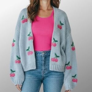 💗 Altar’d State Adorable Baby Blue Cardigan with Cherries 🍒 XXL